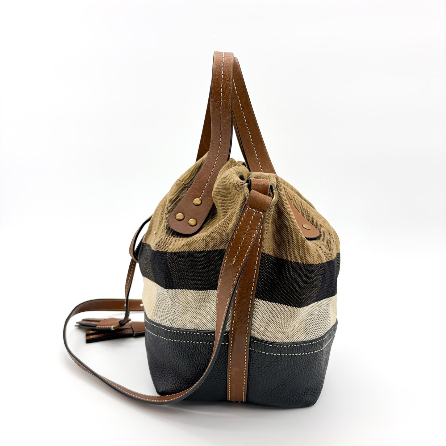 Burberry Medium Ashby Canvas Check Bucket Bag Black Brown