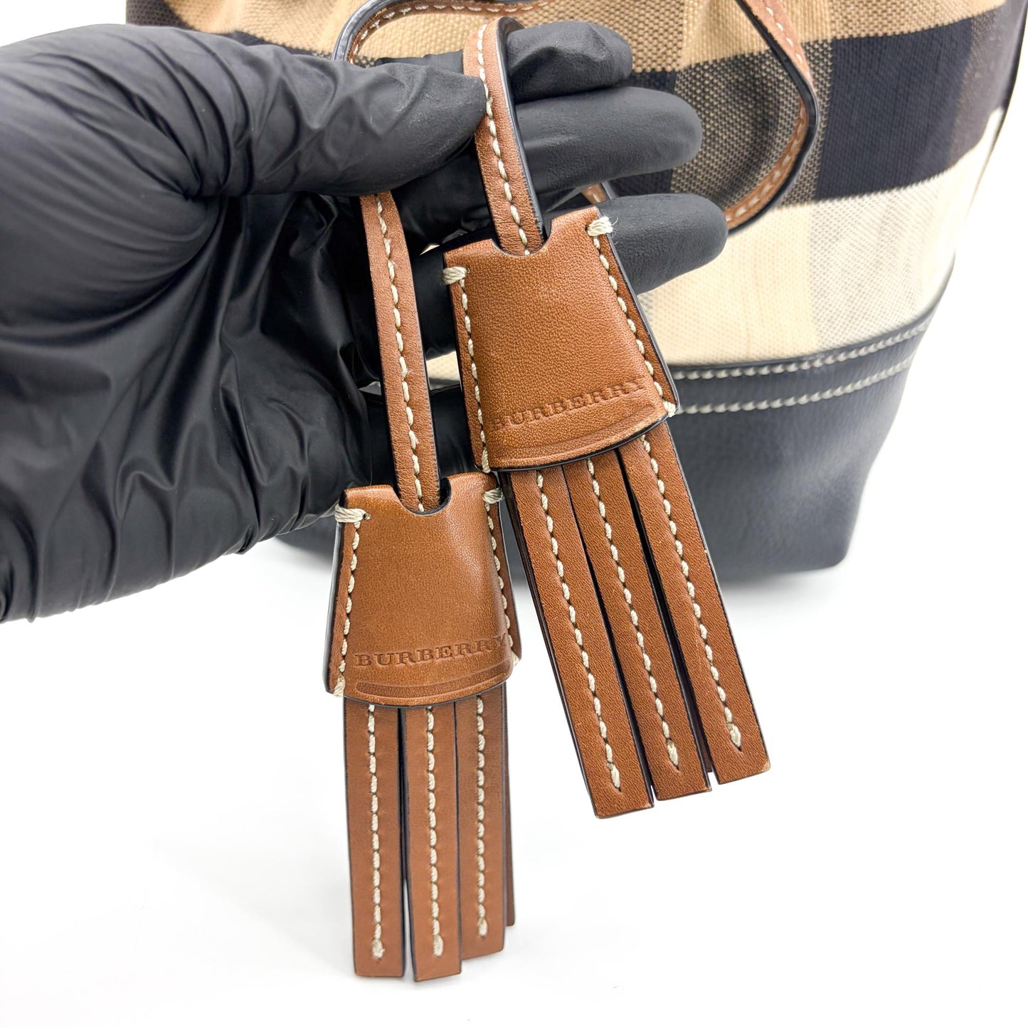 Burberry Medium Ashby Canvas Check Bucket Bag Black Brown