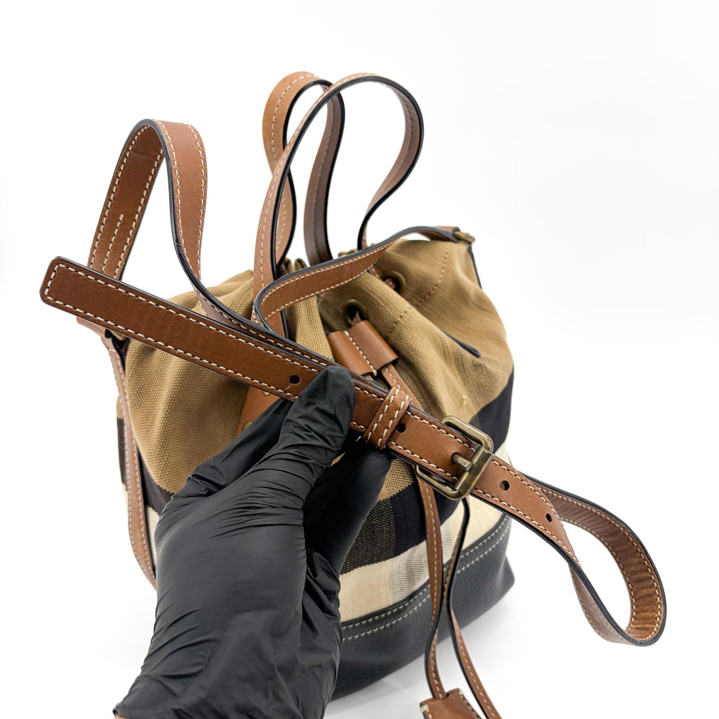 Burberry Medium Ashby Canvas Check Bucket Bag Black Brown