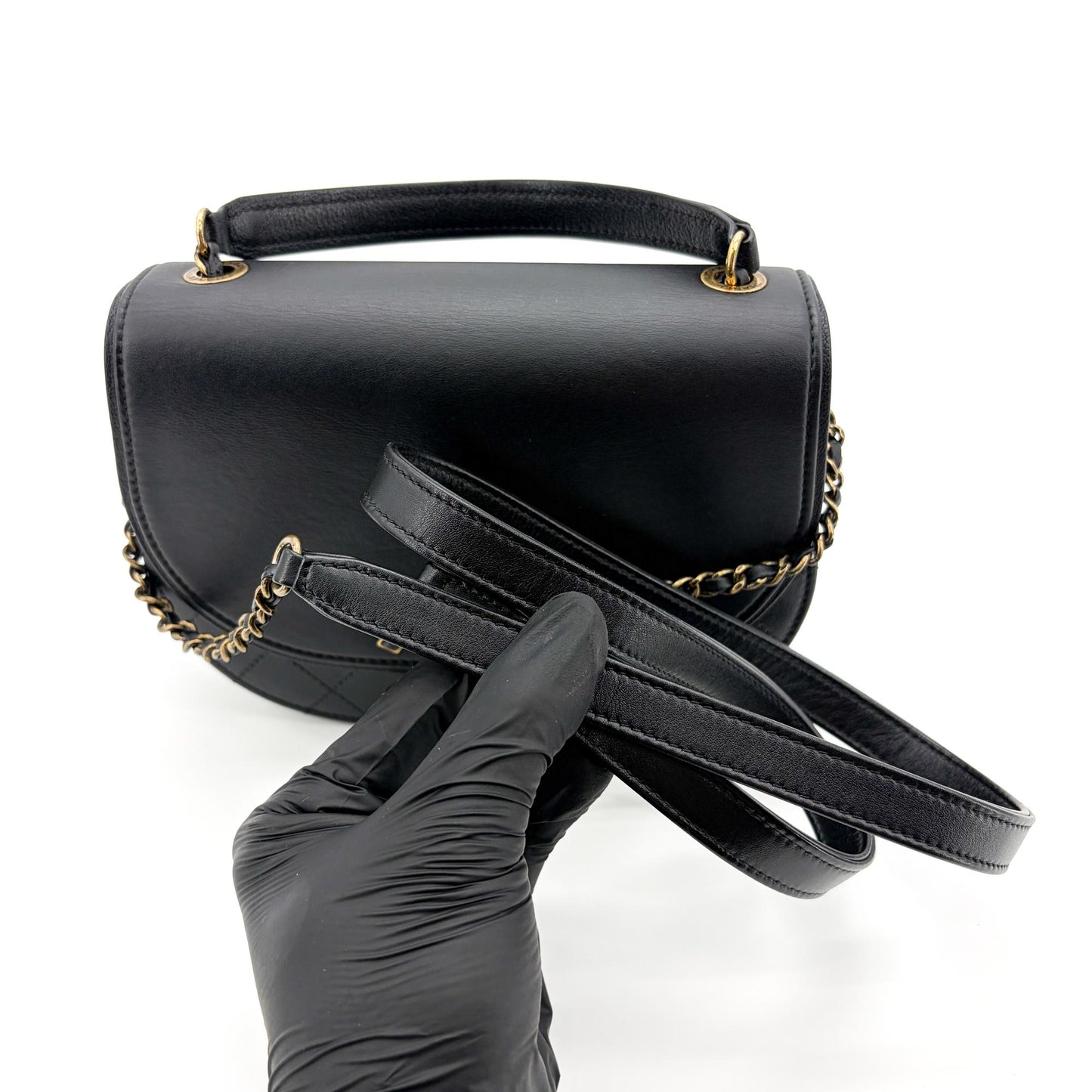 Chanel Lambskin Round Flap Top Handle Bag Black Gold Hardware