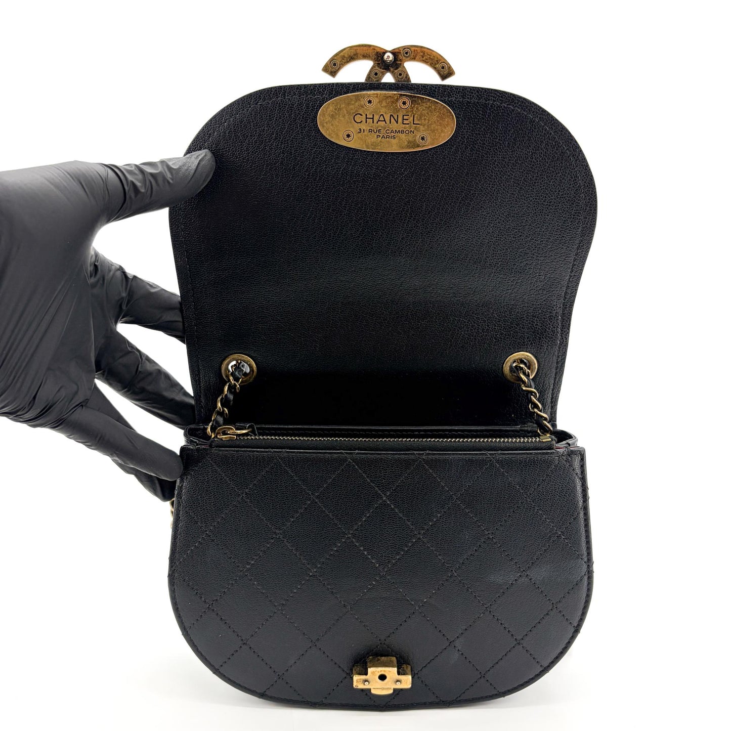 Chanel Lambskin Round Flap Top Handle Bag Black Gold Hardware