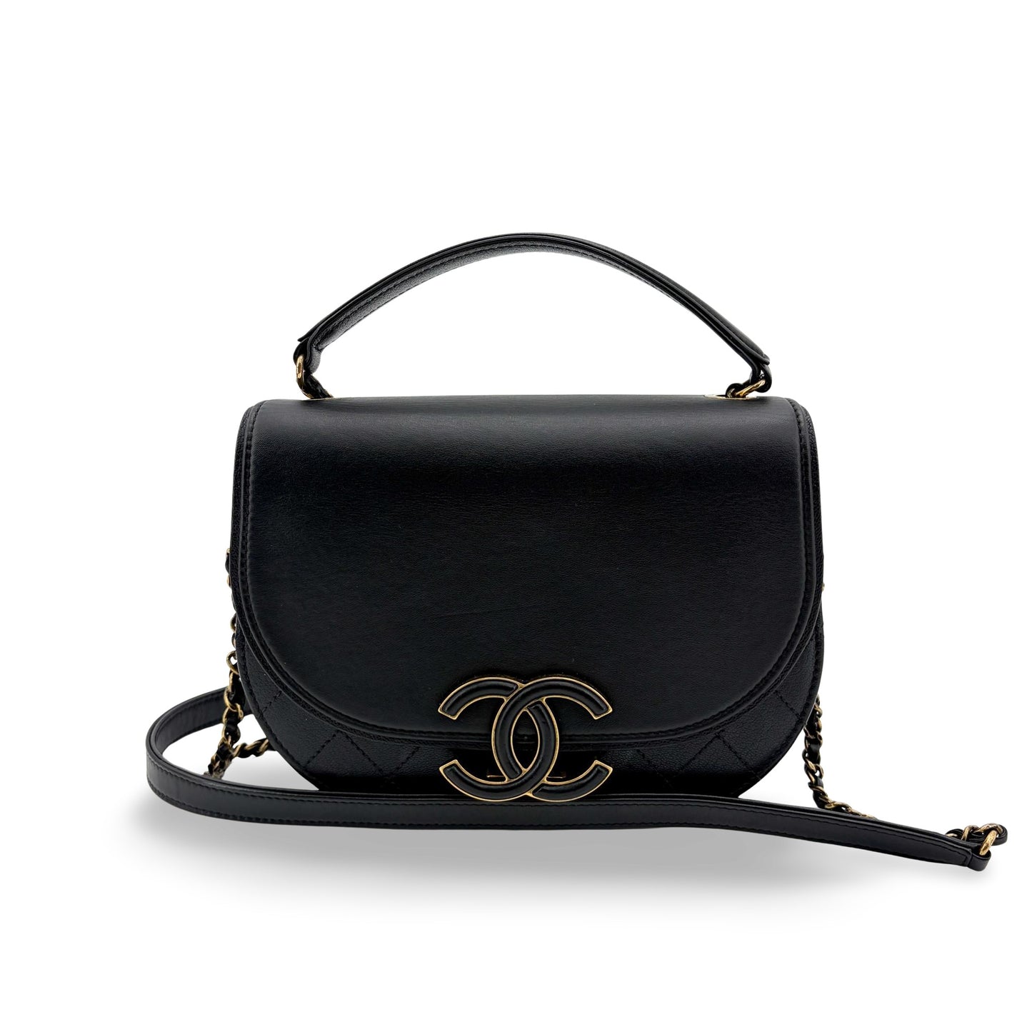 Chanel Lambskin Round Flap Top Handle Bag Black Gold Hardware