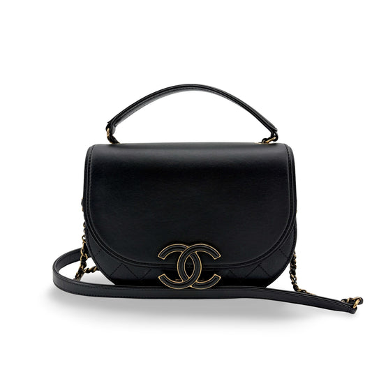 Chanel Lambskin Round Flap Top Handle Bag Black Gold Hardware
