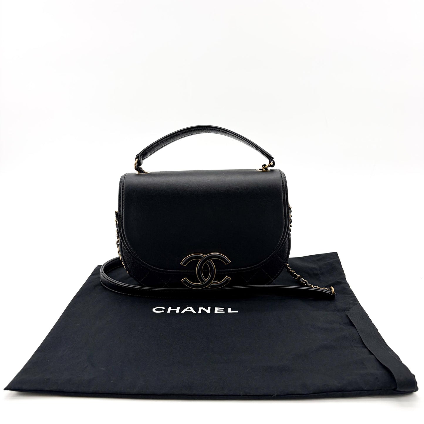 Chanel Lambskin Round Flap Top Handle Bag Black Gold Hardware