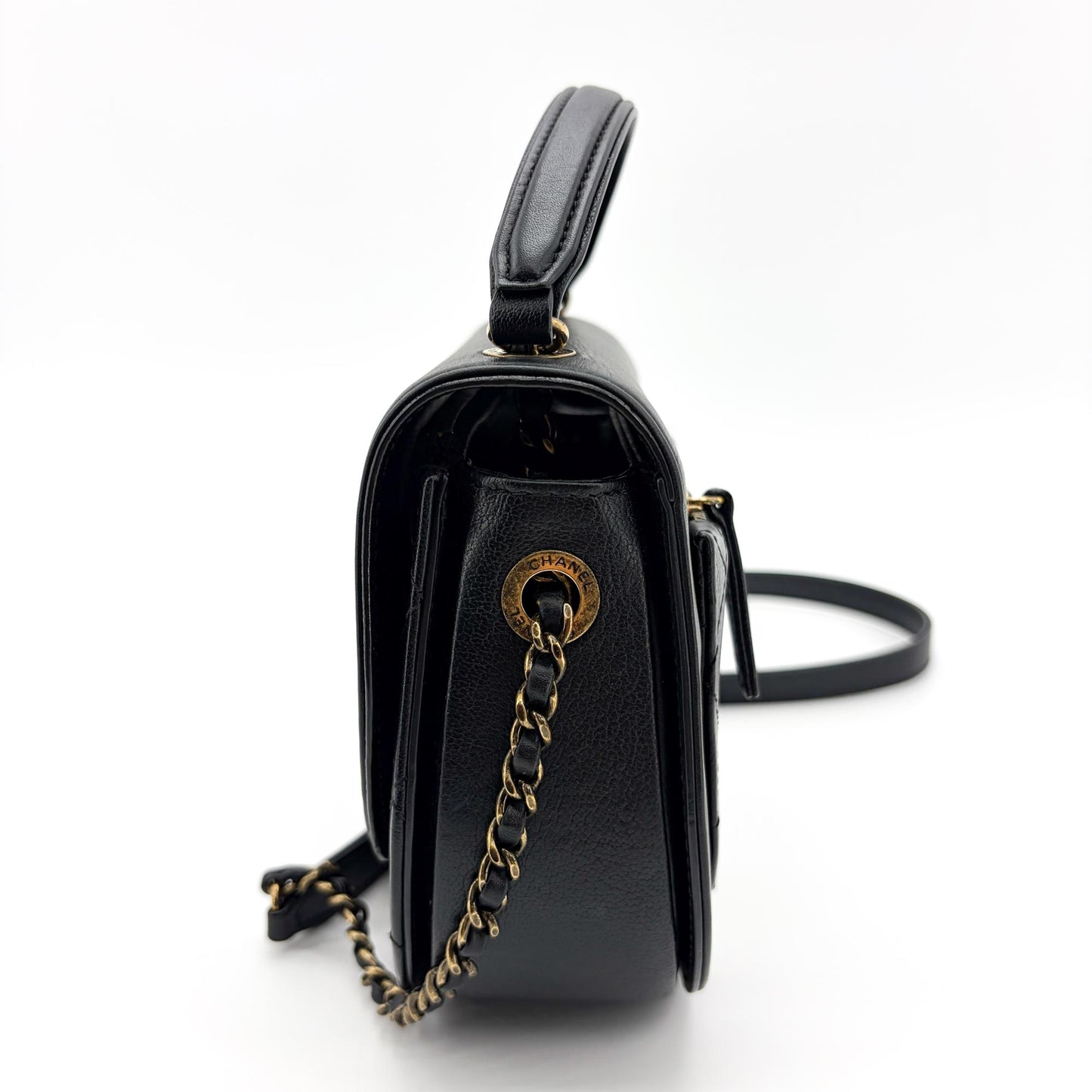 Chanel Lambskin Round Flap Top Handle Bag Black Gold Hardware