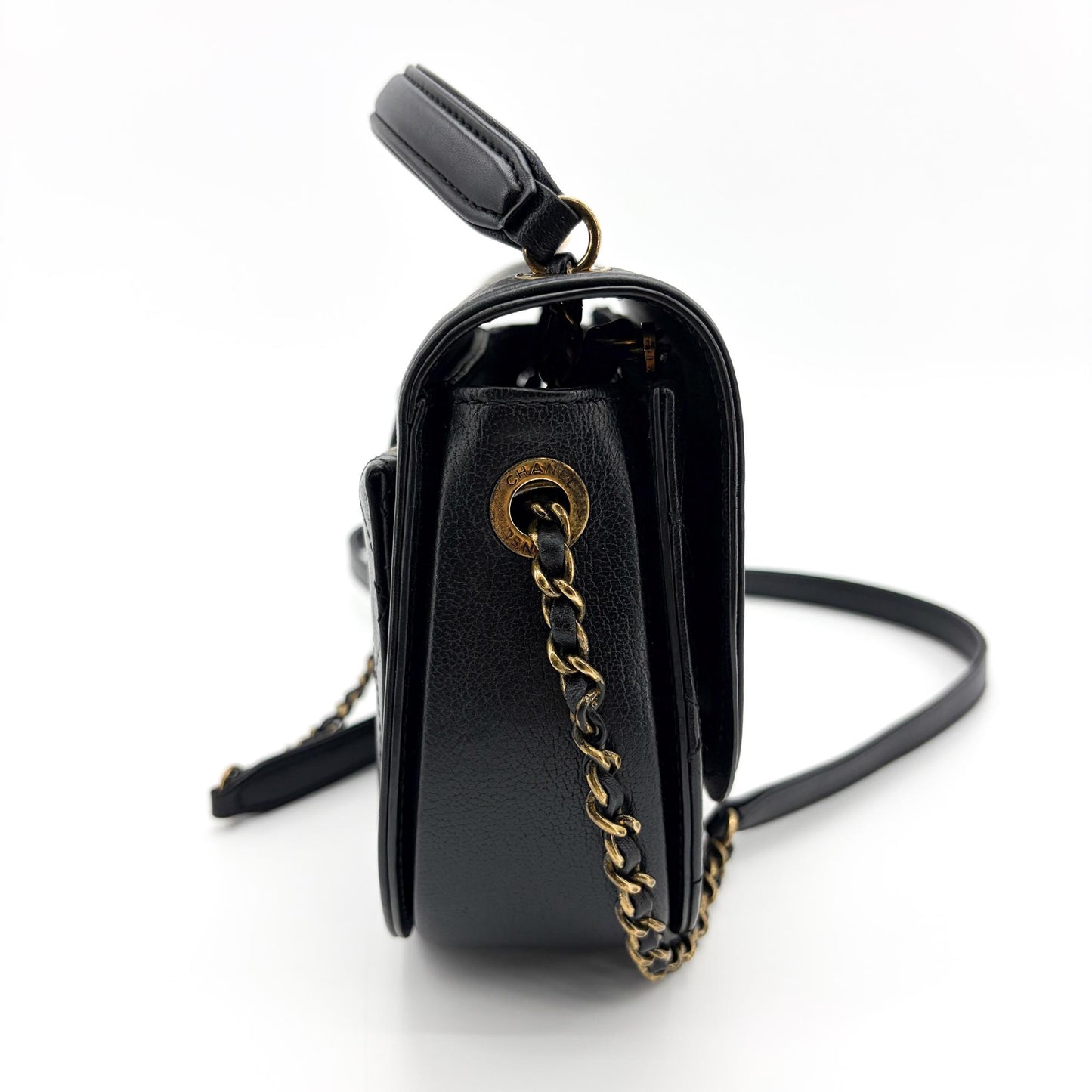 Chanel Lambskin Round Flap Top Handle Bag Black Gold Hardware