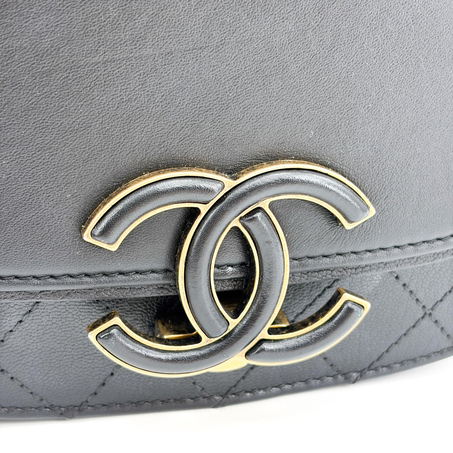 Chanel Lambskin Round Flap Top Handle Bag Black Gold Hardware
