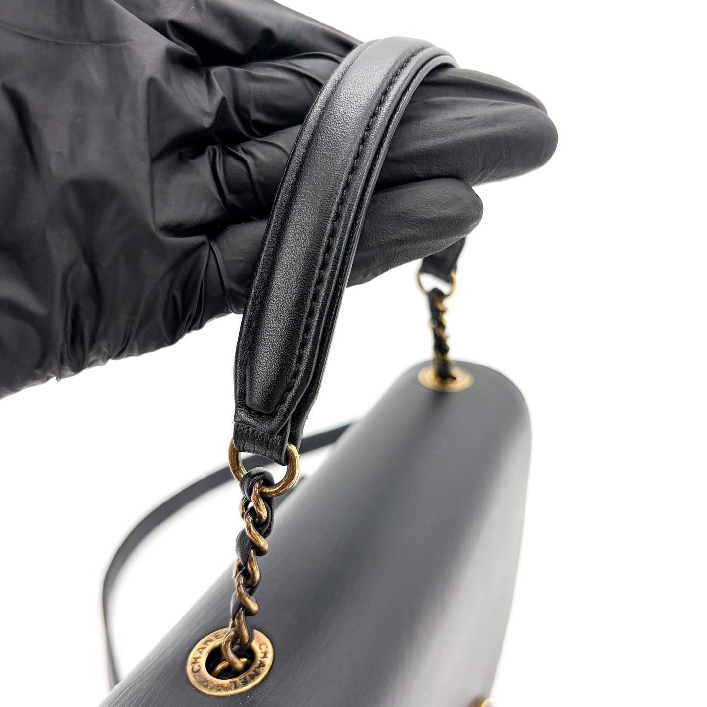 Chanel Lambskin Round Flap Top Handle Bag Black Gold Hardware