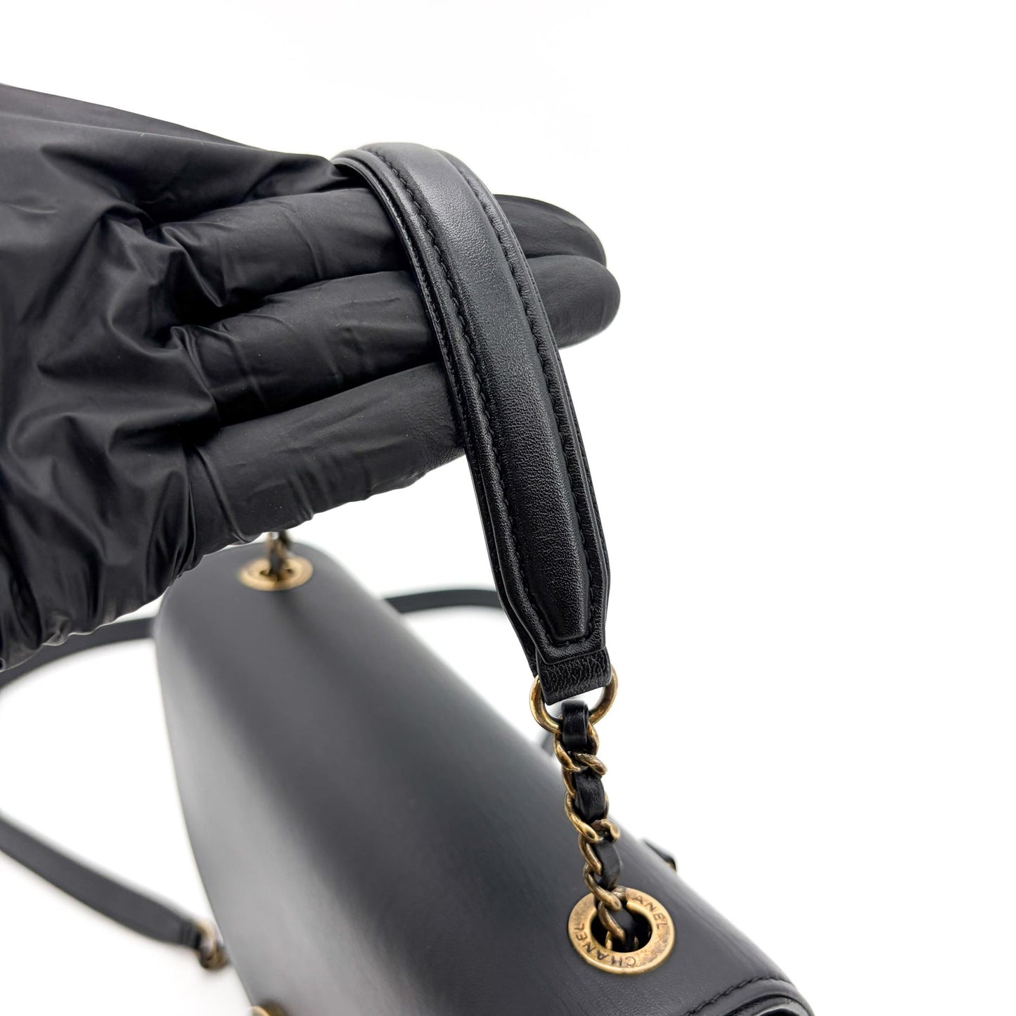 Chanel Lambskin Round Flap Top Handle Bag Black Gold Hardware