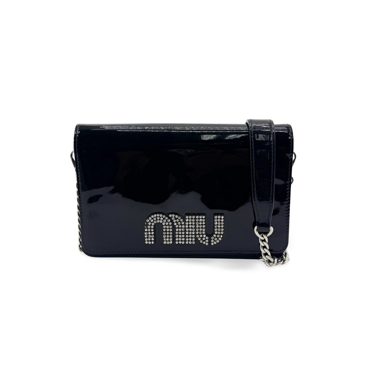 Miu Miu Patent Crystal Logo Chain Crossbody Bag Black