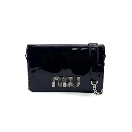 Miu Miu Patent Crystal Logo Chain Crossbody Bag Black