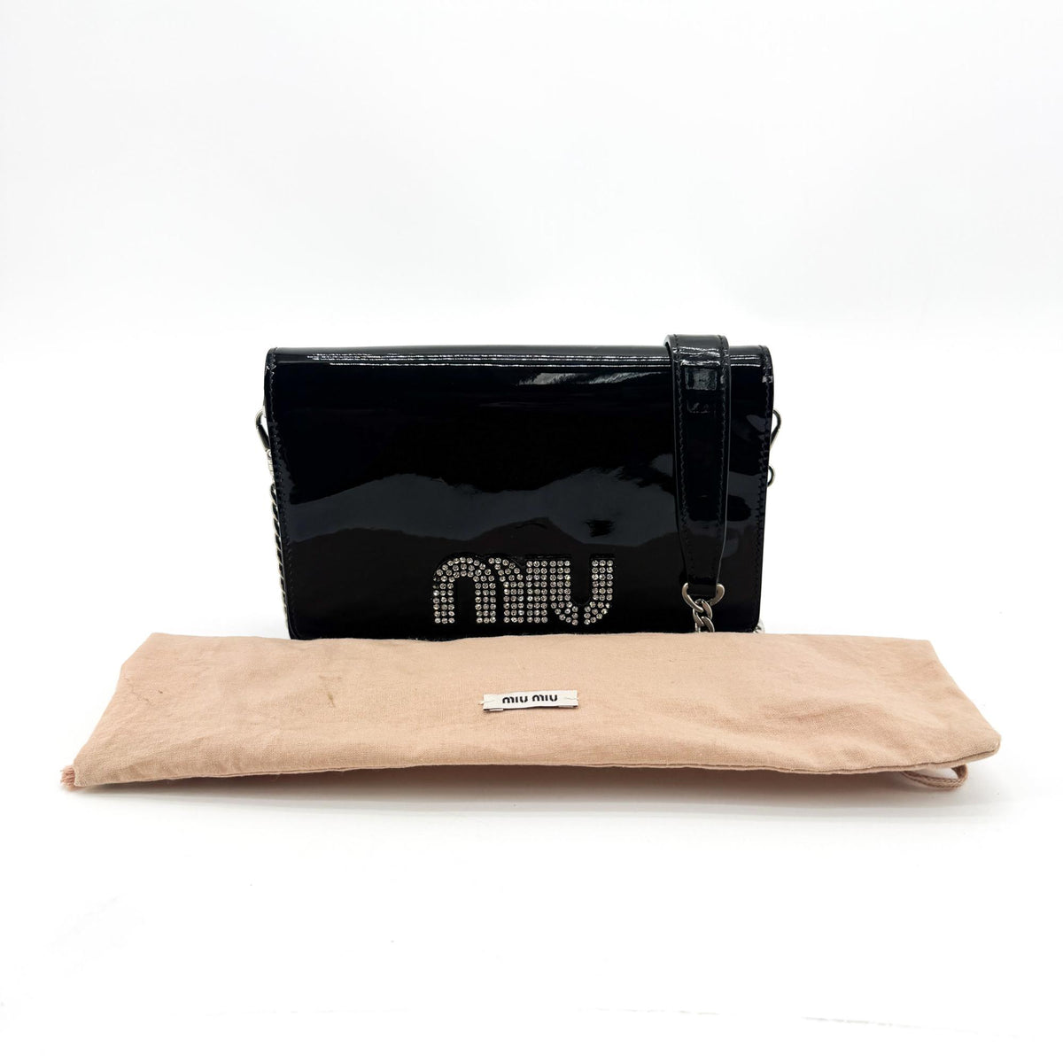 Miu Miu Patent Crystal Logo Chain Crossbody Bag Black