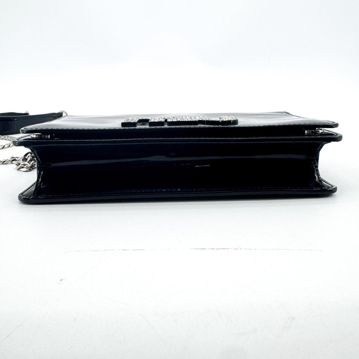 Miu Miu Patent Crystal Logo Chain Crossbody Bag Black