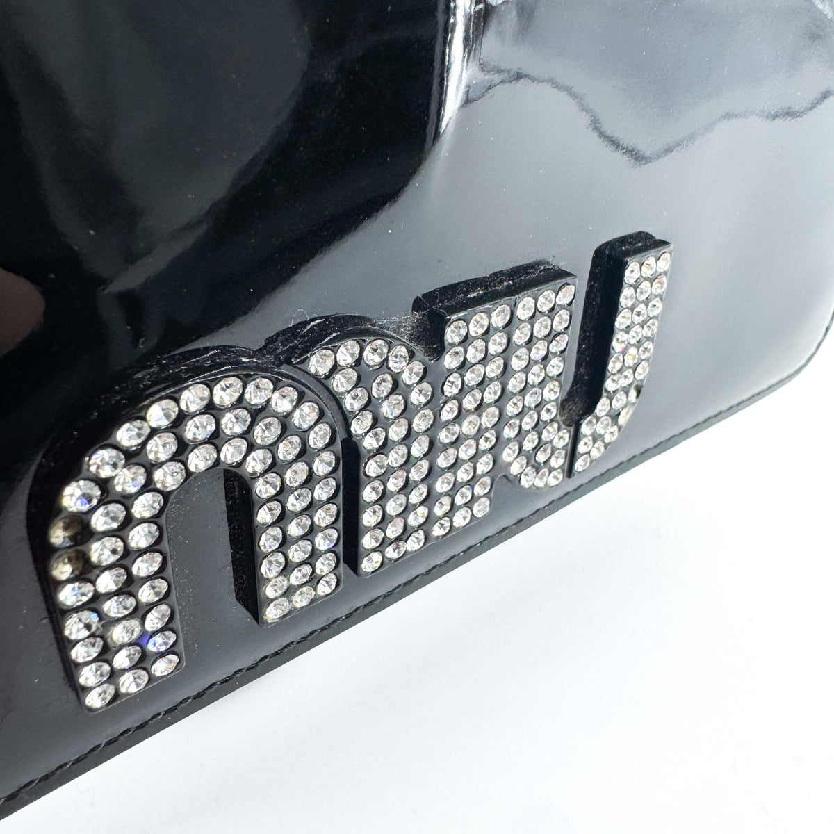 Miu Miu Patent Crystal Logo Chain Crossbody Bag Black