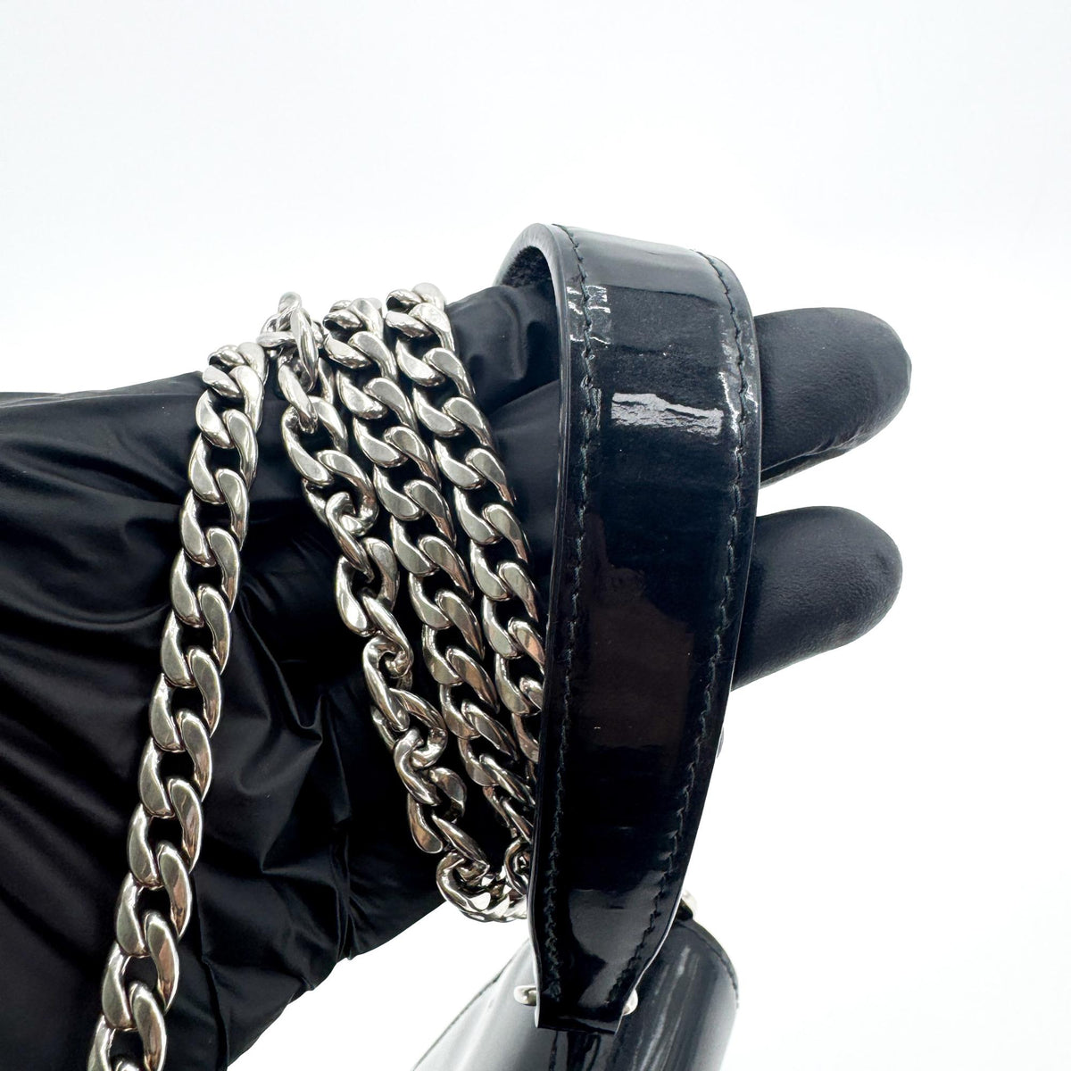 Miu Miu Patent Crystal Logo Chain Crossbody Bag Black