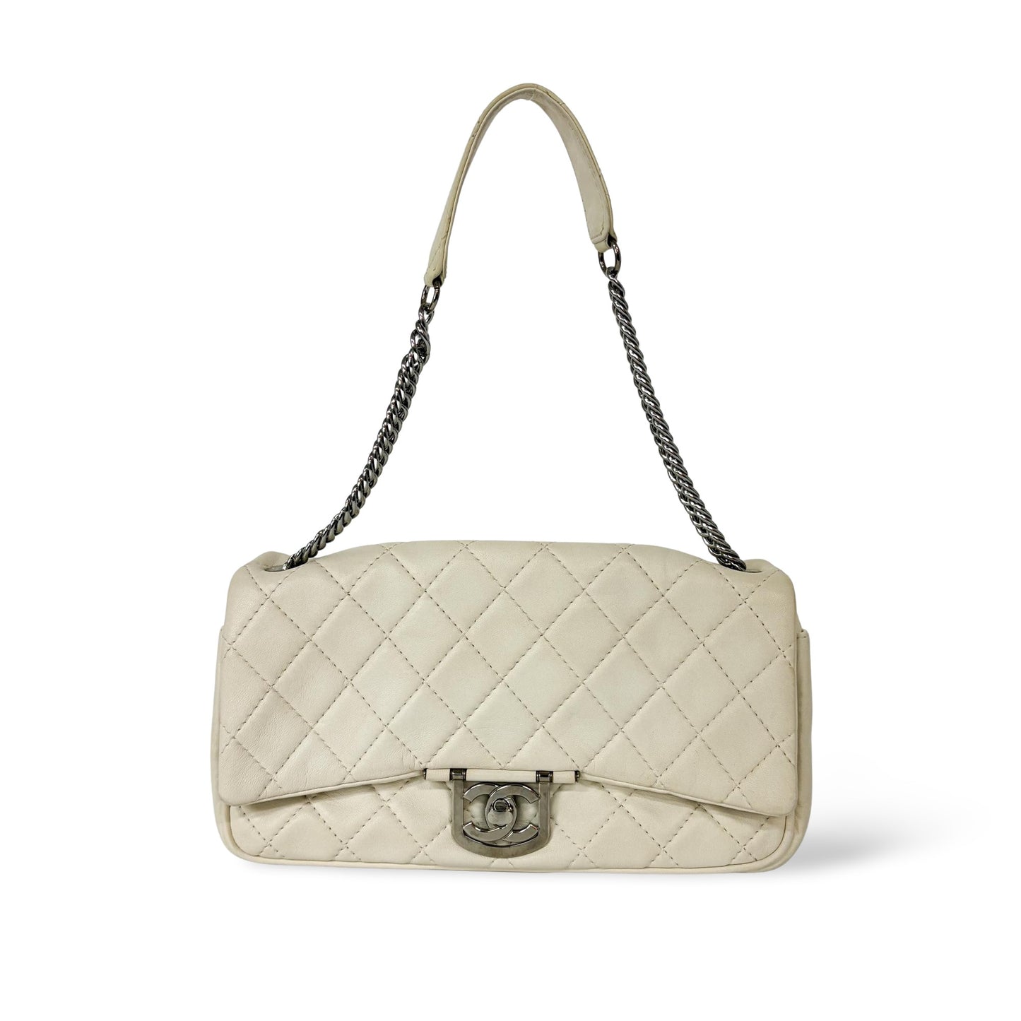 Chanel Cream Quilted Lambskin Silver Hardware Flap Bag 11 Series
