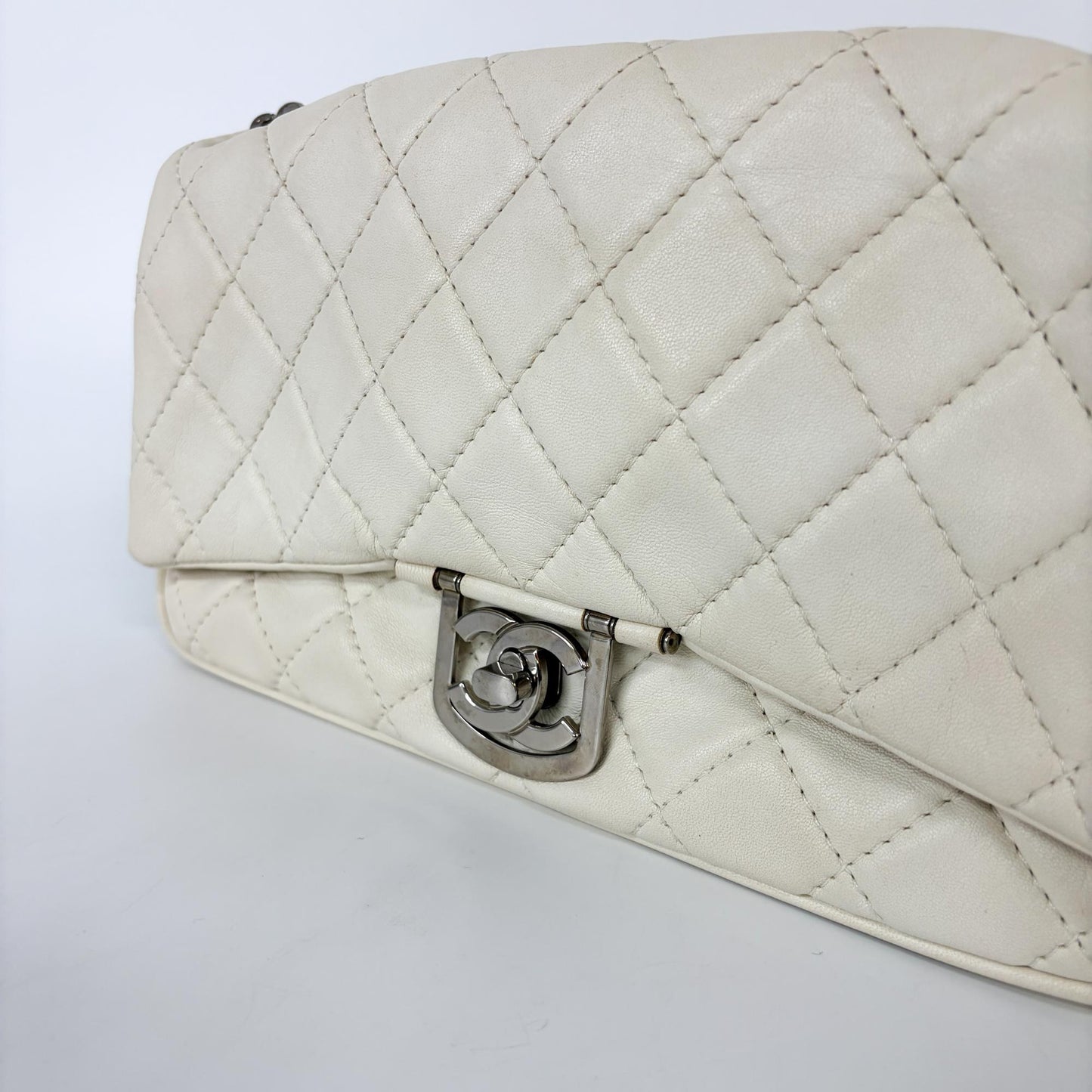 Chanel Cream Quilted Lambskin Silver Hardware Flap Bag 11 Series
