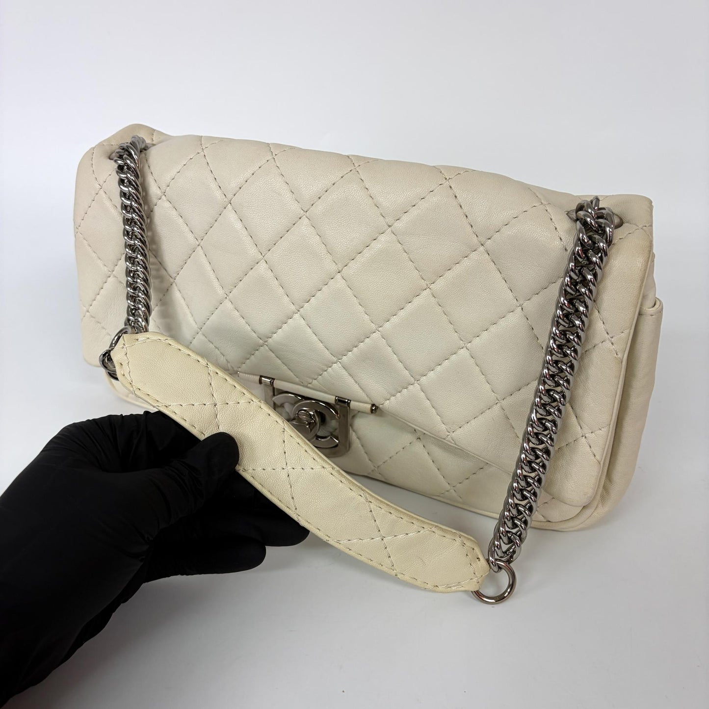 Chanel Cream Quilted Lambskin Silver Hardware Flap Bag 11 Series