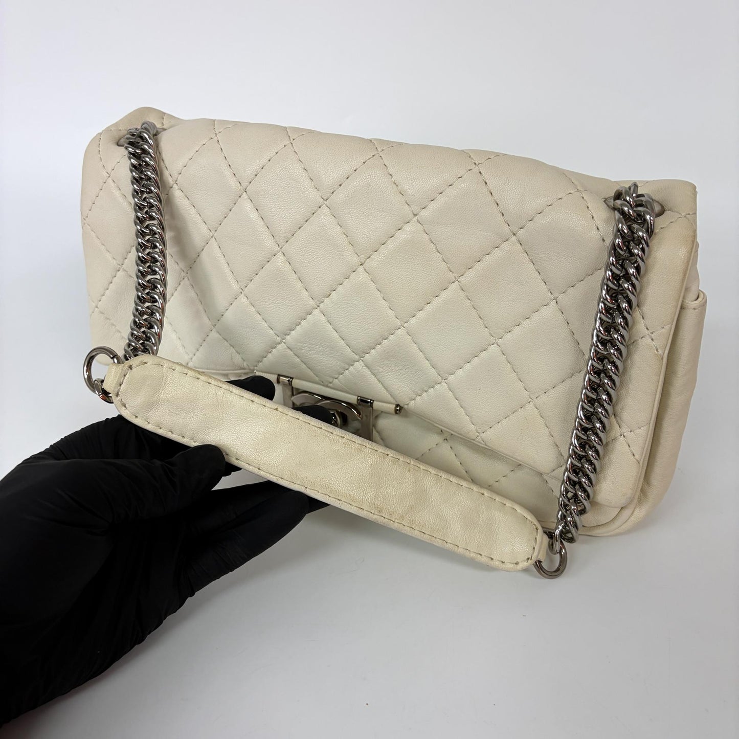 Chanel Cream Quilted Lambskin Silver Hardware Flap Bag 11 Series