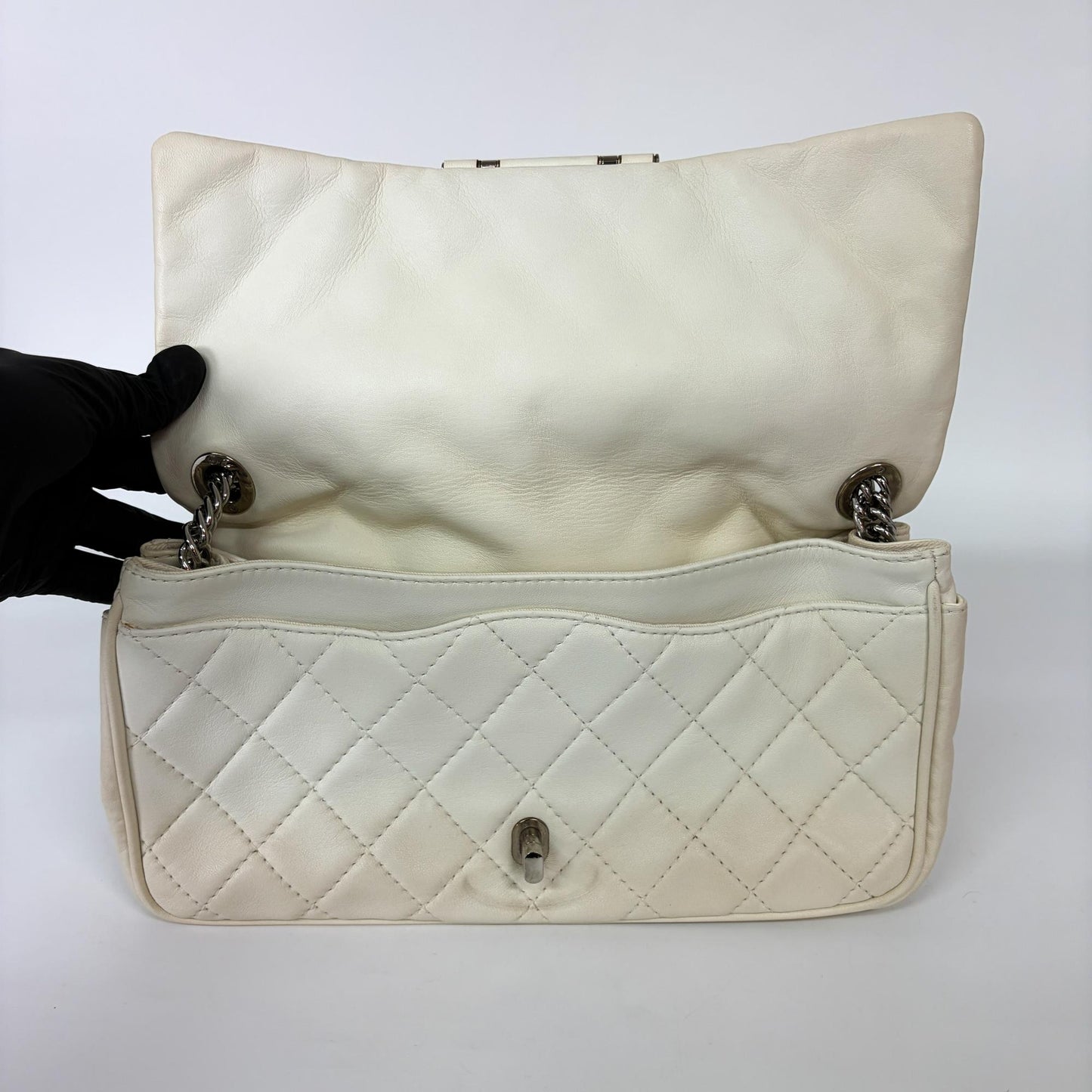 Chanel Cream Quilted Lambskin Silver Hardware Flap Bag 11 Series