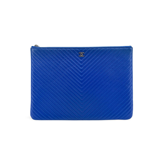 Chanel Chevron Caviar Clutch Blue Silver Hardware