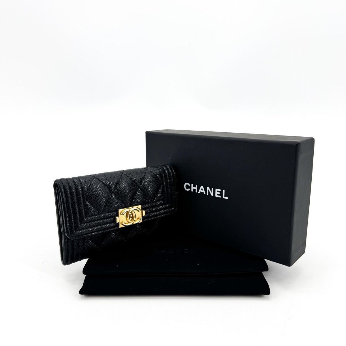 Chanel Boy Chanel Flap Card Wallet Caviar Gold Hardware Black