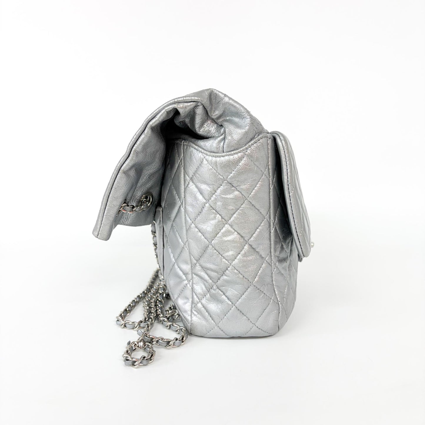 Chanel Metallic Silver Quilted Lambskin Flap Bag Silver Hardware