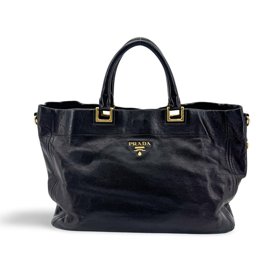 Prada Vitello Daino Tote Bag Black with Gold Hardware