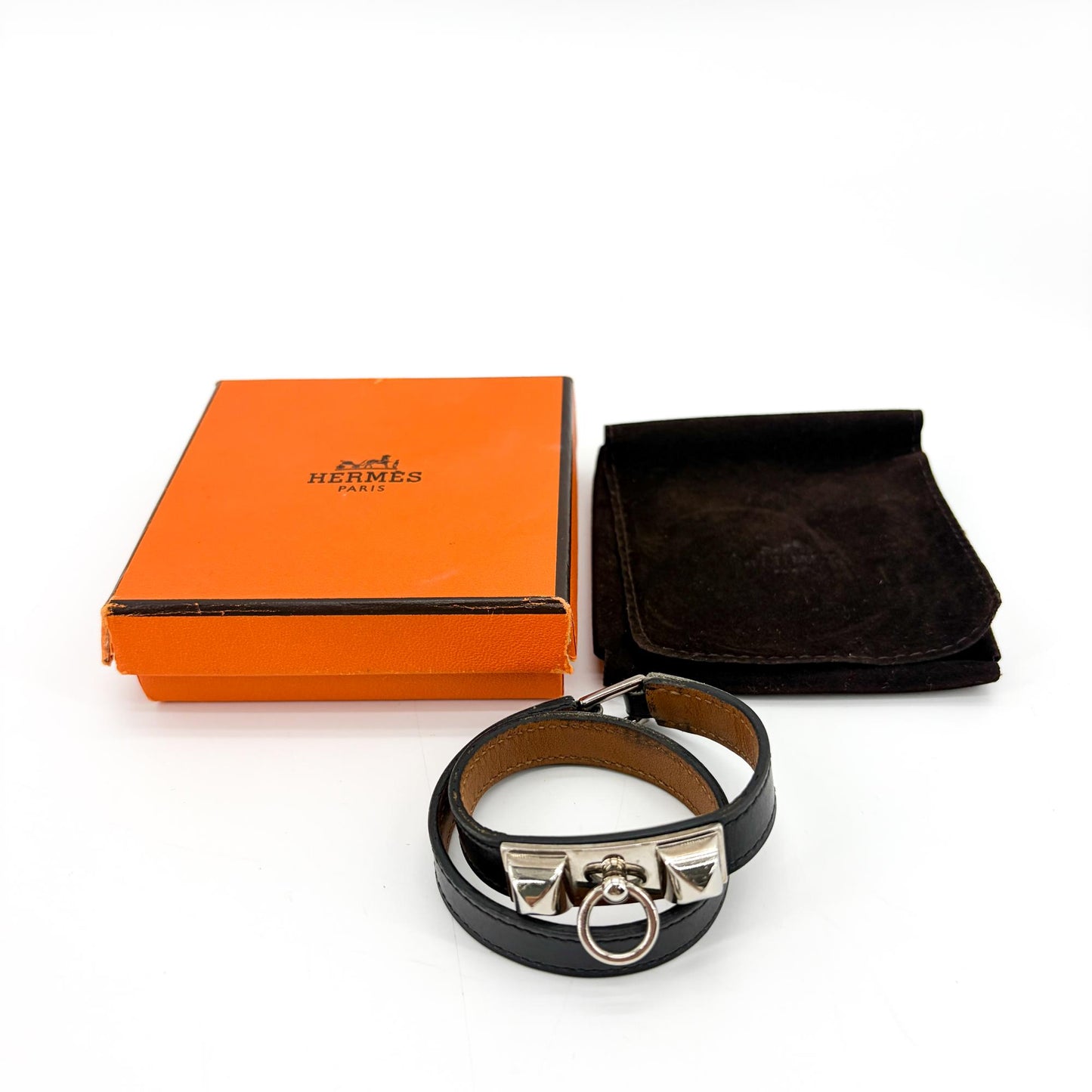 Hermès Collier de Chiens Double Tour Leather Bracelet Black Silver