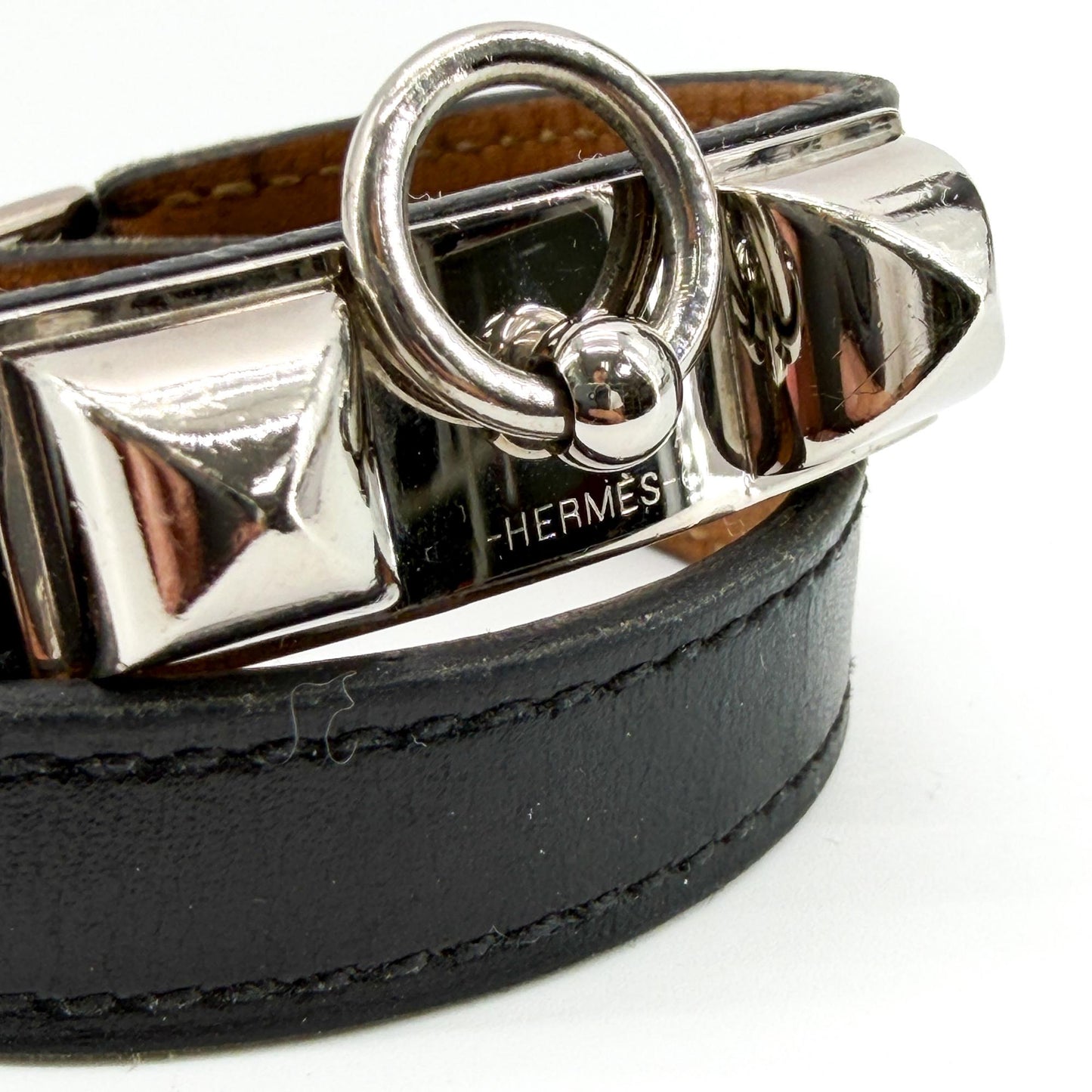 Hermès Collier de Chiens Double Tour Leather Bracelet Black Silver