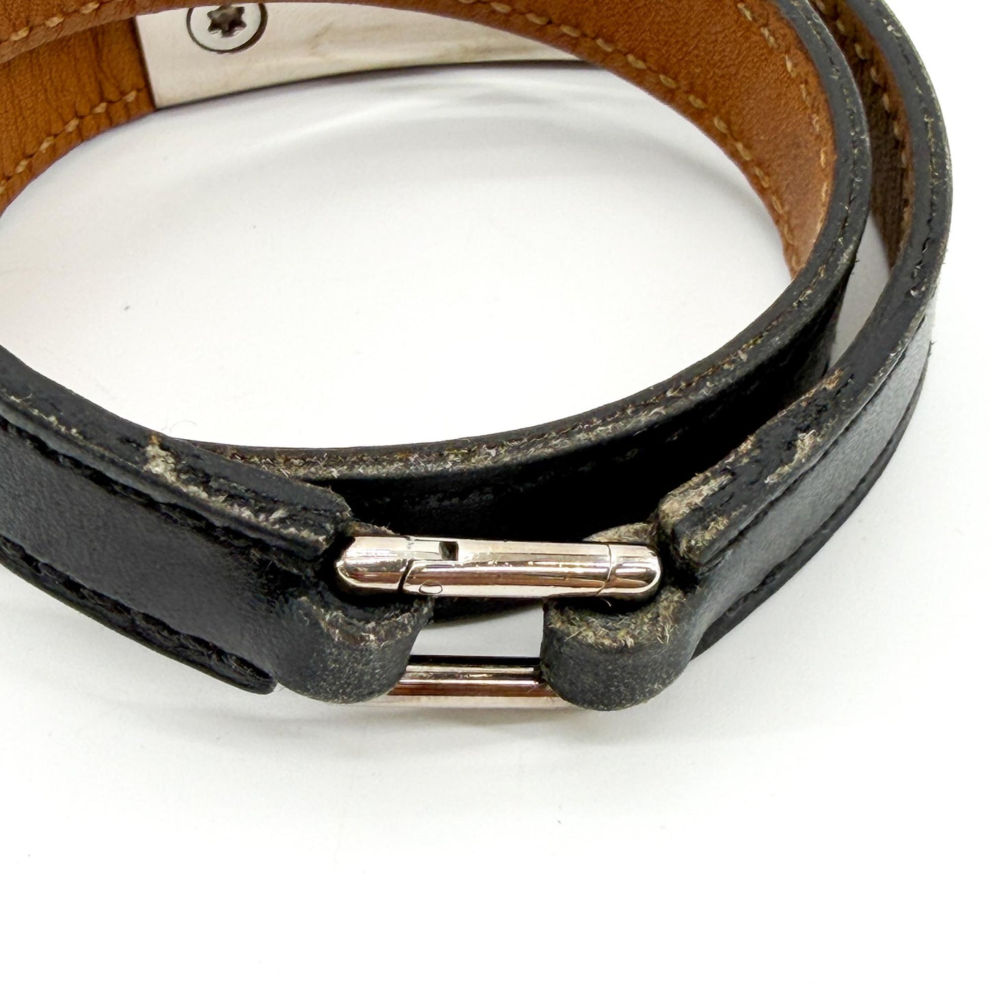 Hermès Collier de Chiens Double Tour Leather Bracelet Black Silver