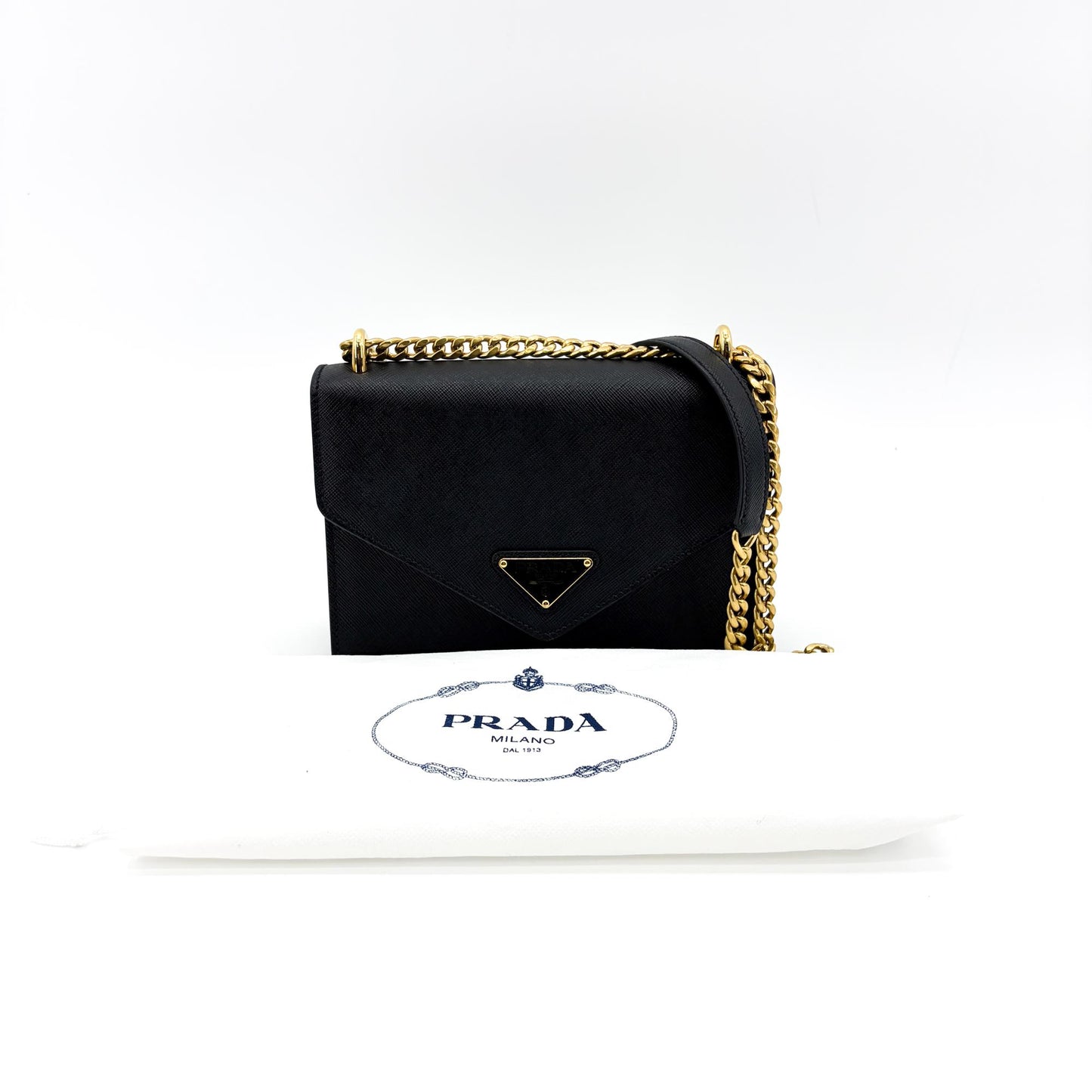 Prada Saffiano Leather Chain Shoulder Bag Black with Gold Hardware