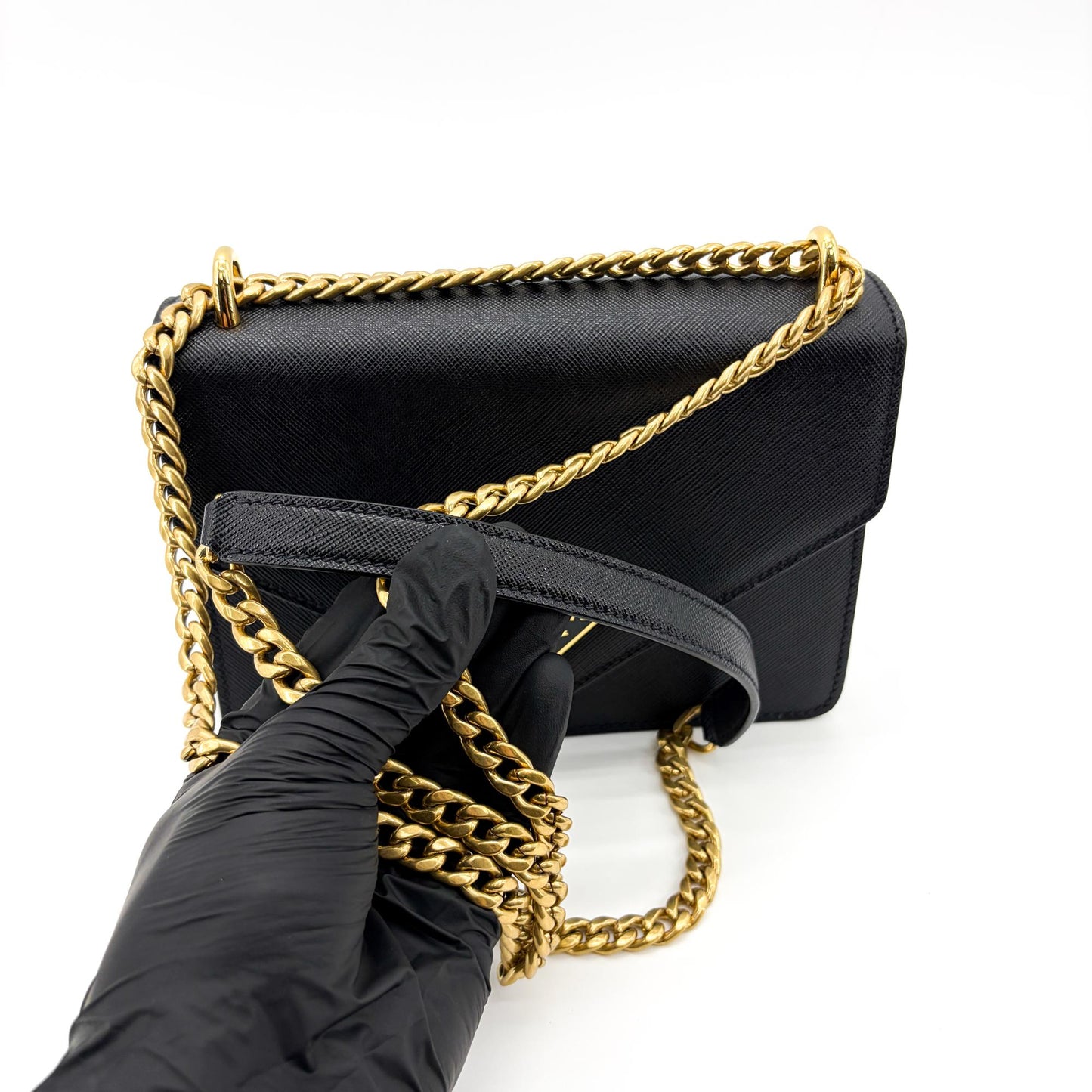 Prada Saffiano Leather Chain Shoulder Bag Black with Gold Hardware