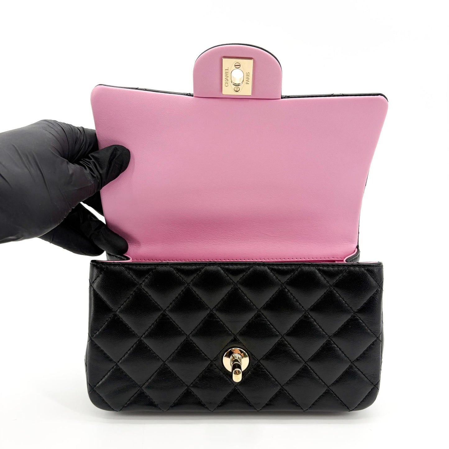 Chanel Lambskin Handle Mini Flap Bag Black and Pink Gold Hardware