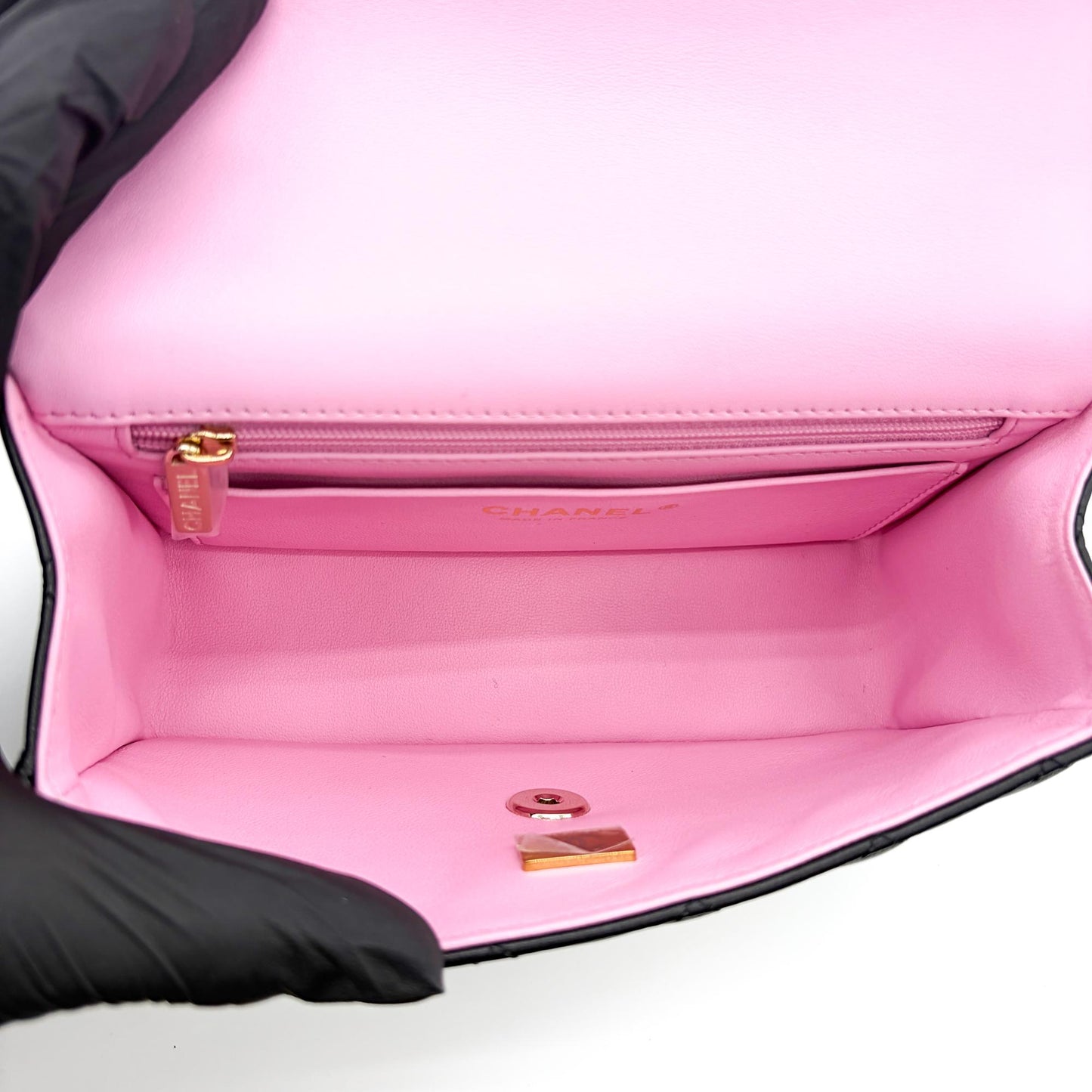 Chanel Lambskin Handle Mini Flap Bag Black and Pink Gold Hardware