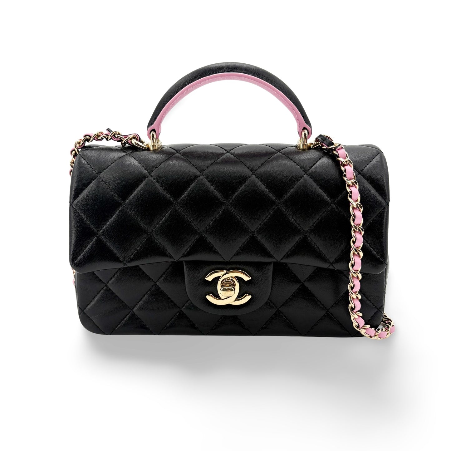 Chanel Lambskin Handle Mini Flap Bag Black and Pink Gold Hardware