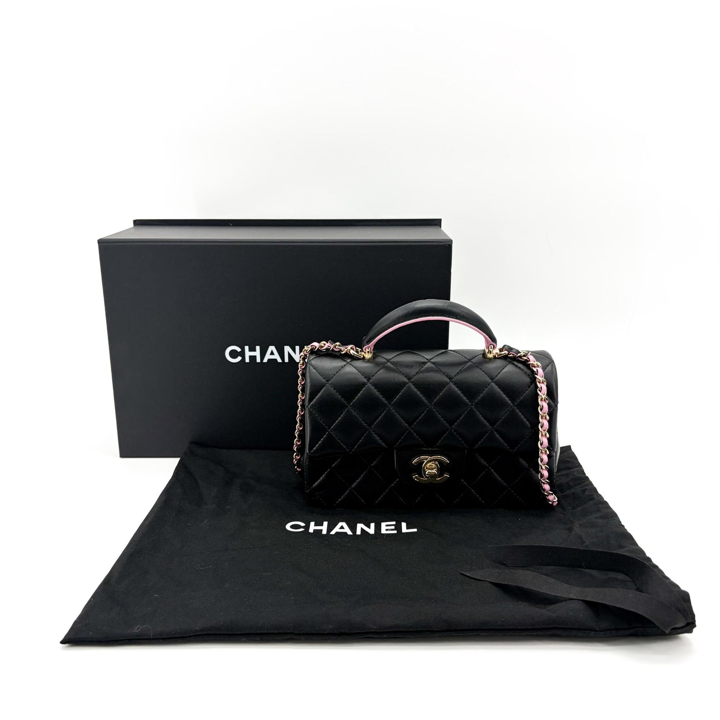Chanel Lambskin Handle Mini Flap Bag Black and Pink Gold Hardware