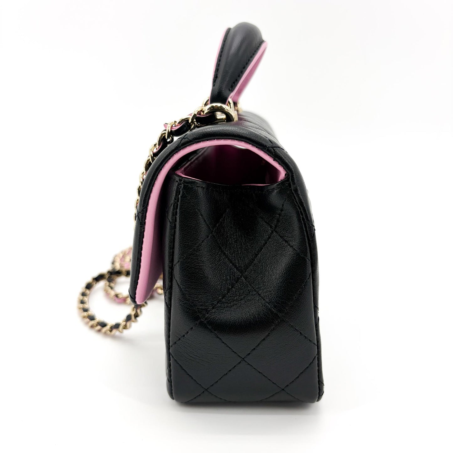 Chanel Lambskin Handle Mini Flap Bag Black and Pink Gold Hardware