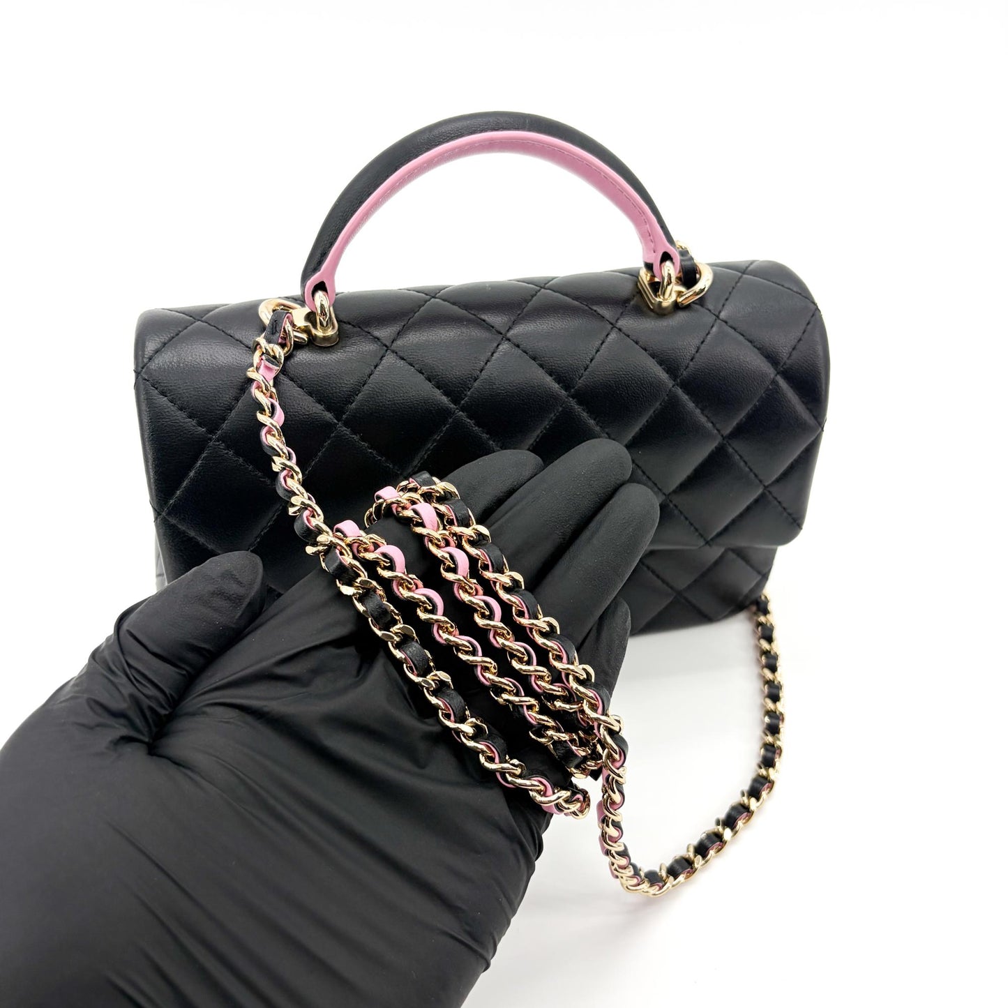Chanel Lambskin Handle Mini Flap Bag Black and Pink Gold Hardware