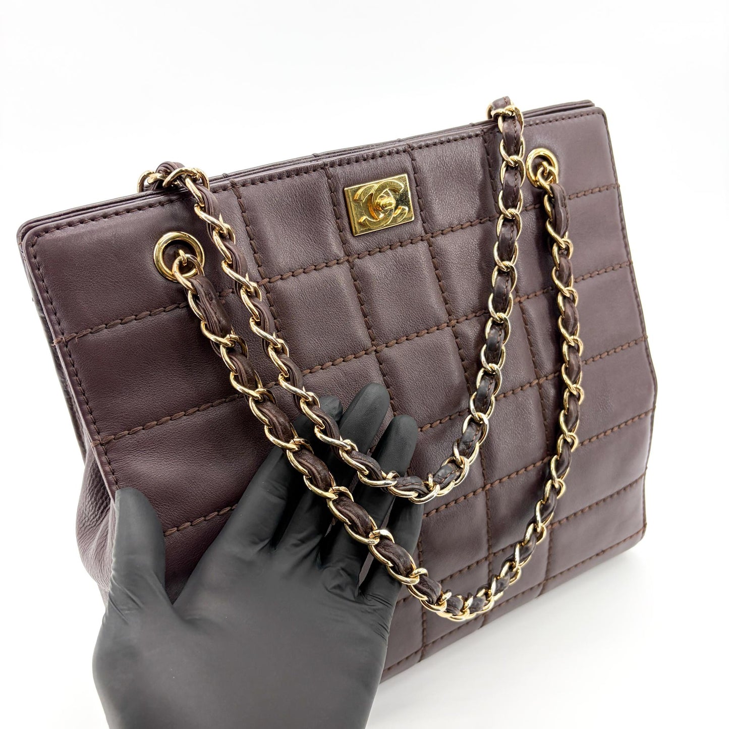 Chanel Chocolate Bar Chain Shoulder Bag Dark Brown Gold Hardware
