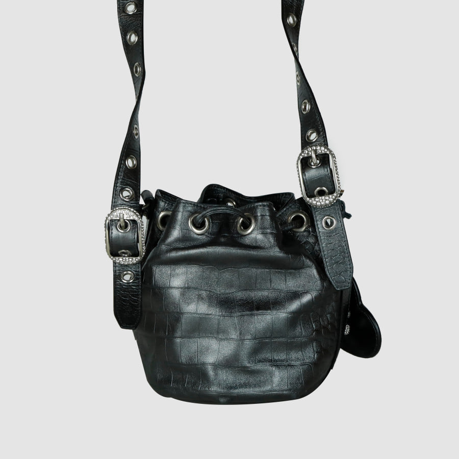 XS Crocodile Embossed Le Cagol Line Stone Bucket Bag Crossbody Bag 702431