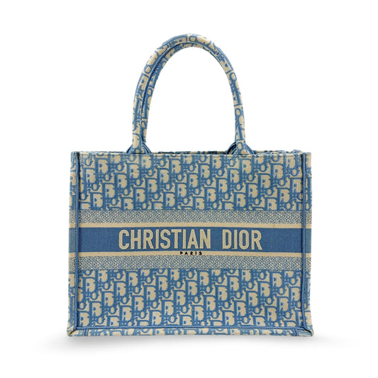 Dior Medium Book Tote Bag Blue Oblique Embroidery