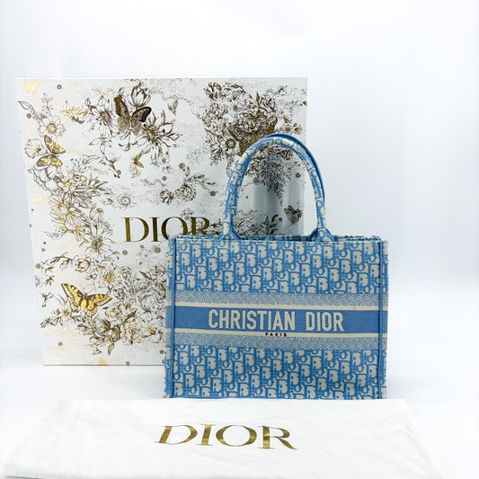 Dior Medium Book Tote Bag Blue Oblique Embroidery