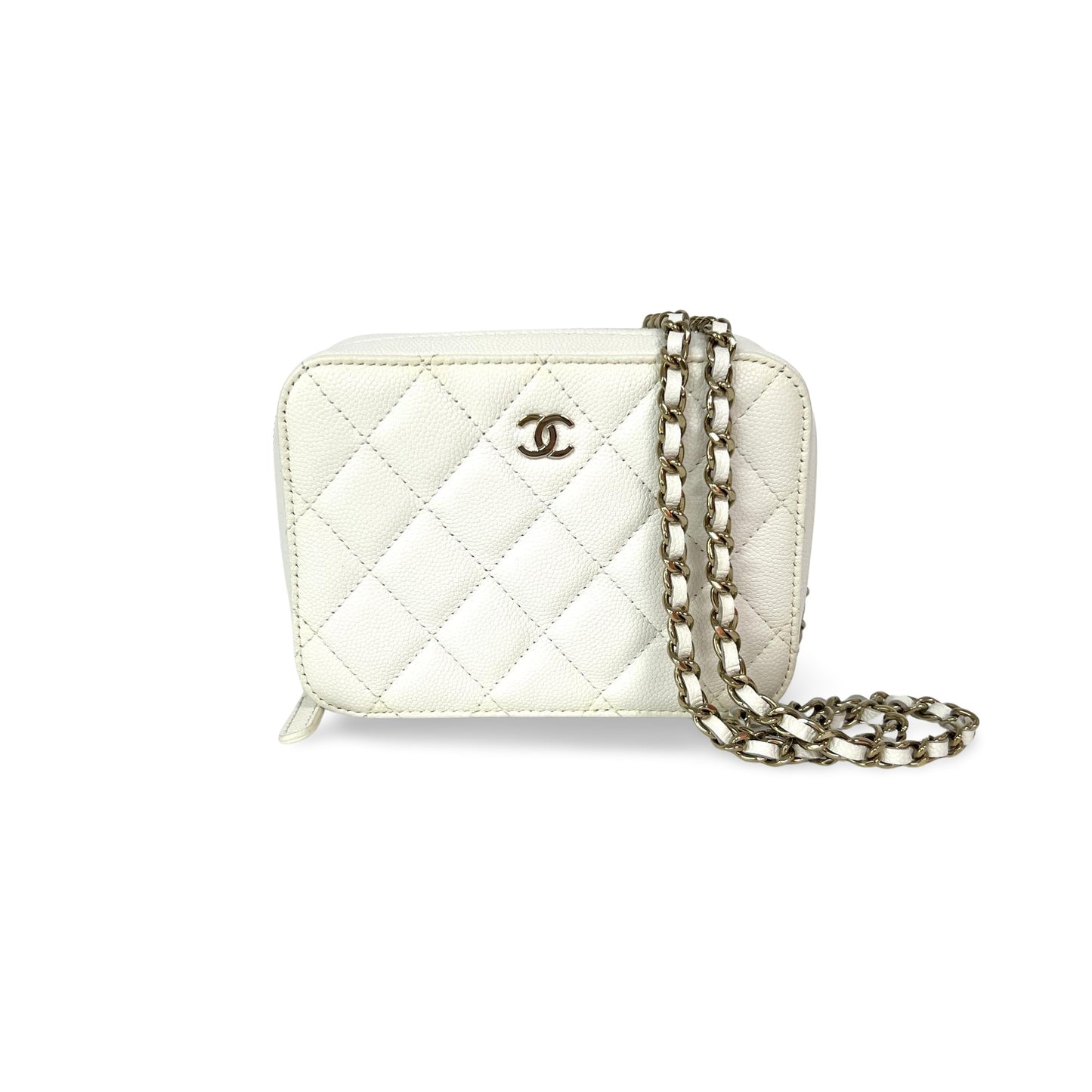 Chanel Caviar Quilted Mini Camera Case White Champagne Gold