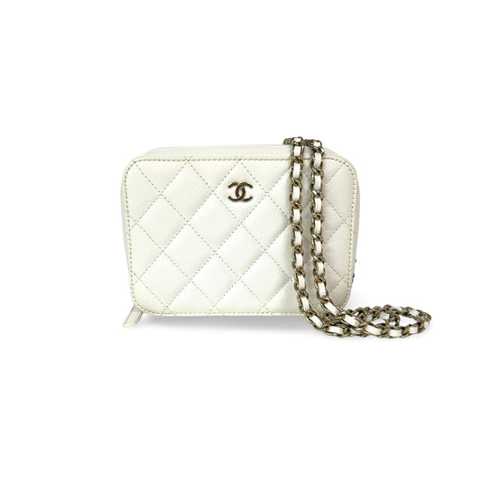 Chanel Caviar Quilted Mini Camera Case White Champagne Gold