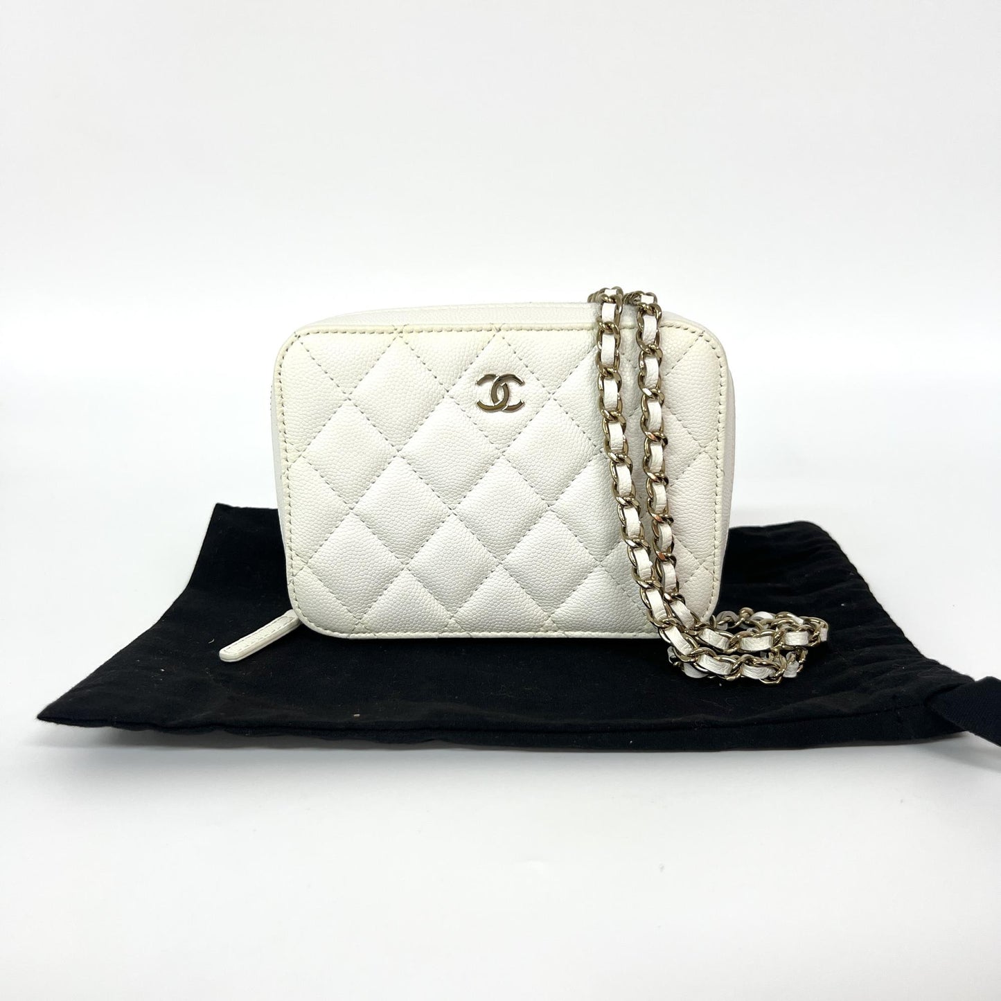 Chanel Caviar Quilted Mini Camera Case White Champagne Gold