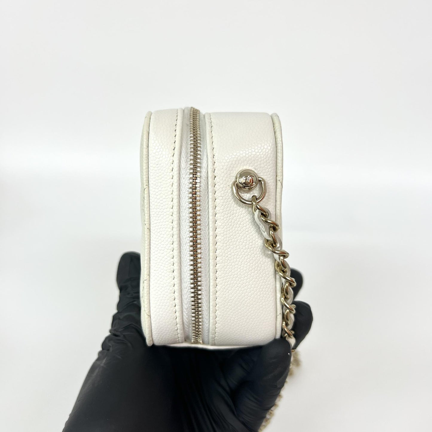 Chanel Caviar Quilted Mini Camera Case White Champagne Gold