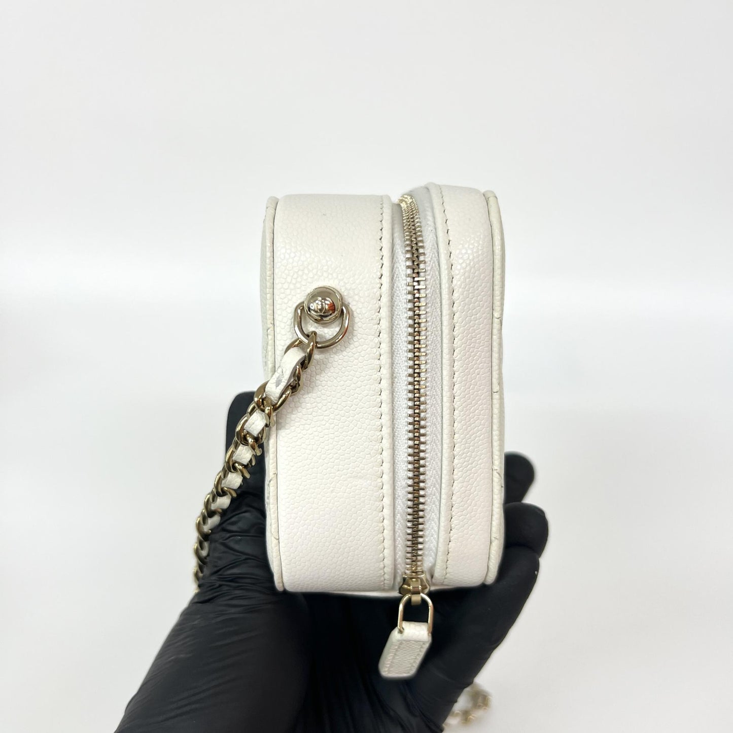 Chanel Caviar Quilted Mini Camera Case White Champagne Gold