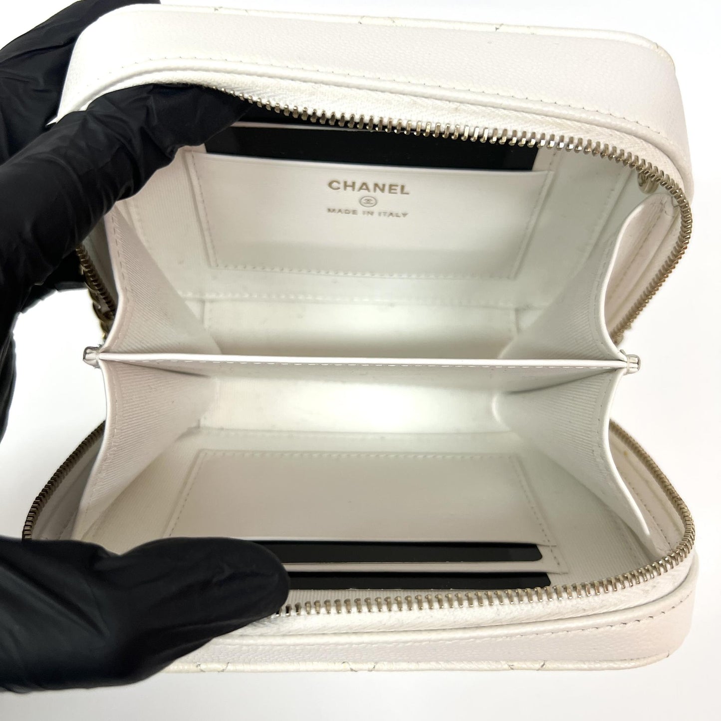Chanel Caviar Quilted Mini Camera Case White Champagne Gold