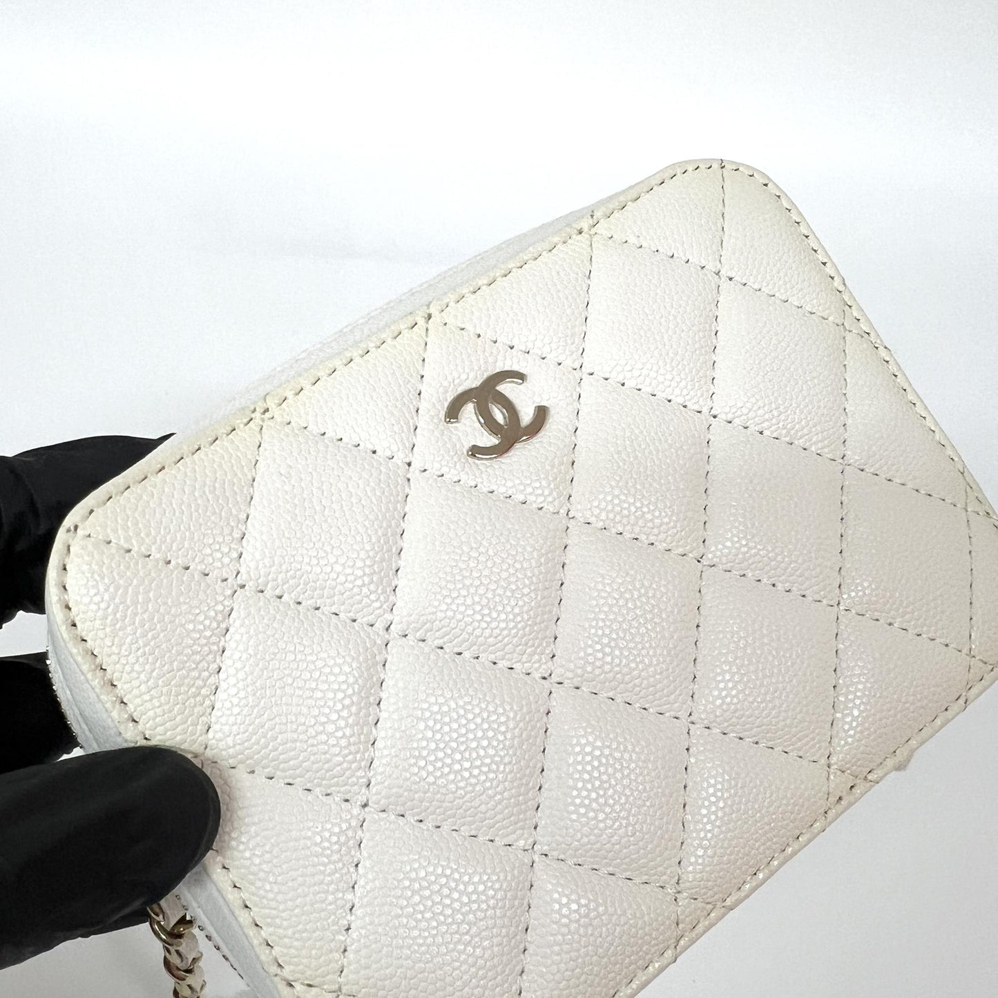 Chanel Caviar Quilted Mini Camera Case White Champagne Gold